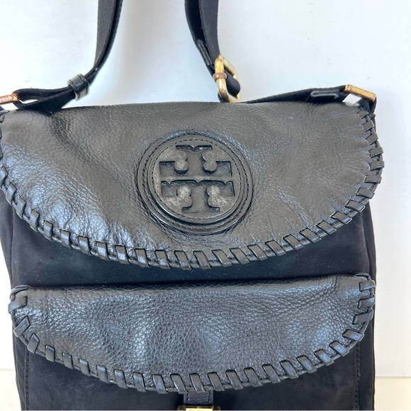 TORY BURCH Black Nylon Pebbled Leather Front Logo Tote Shoulder Bag Crossbody - Picture 2 of 16